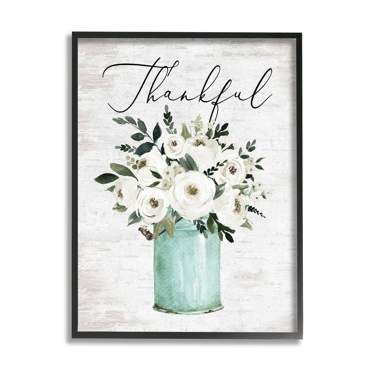 Stupell Industries Thankful Phrase White Ranunculus Floral Bouquet Milk Tin Framed Wall Art